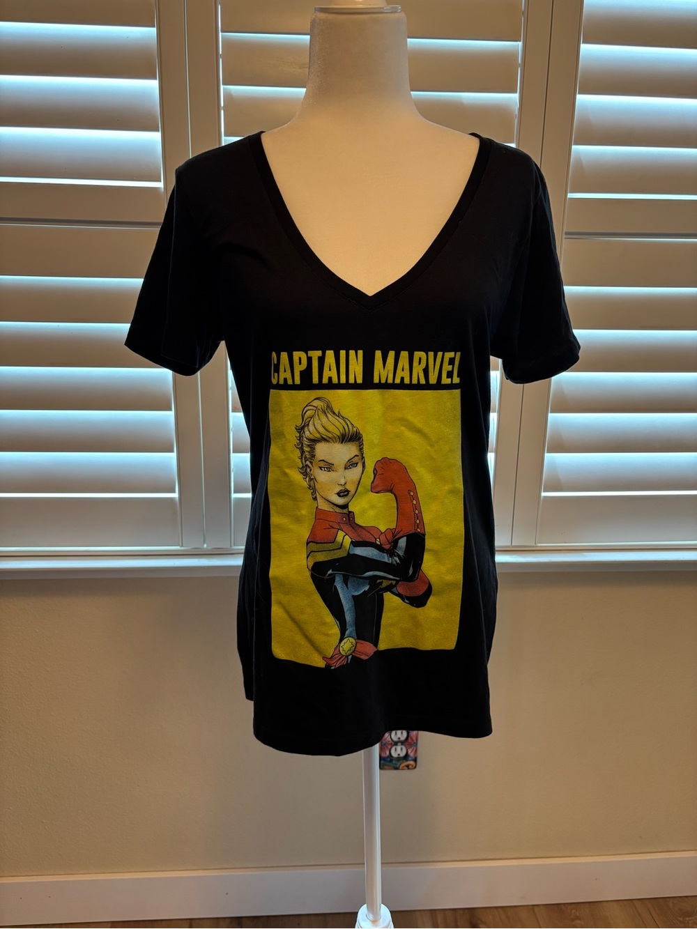 Marvel Captain Marvel Black Graphic V-Neck Tee with Yellow Panel
